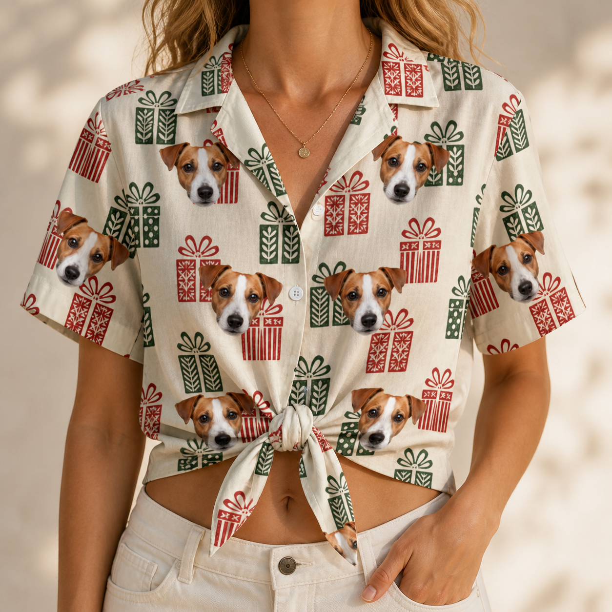 Woman wearing Women's Bowtiful Bundles Custom Dog Face Hawaiian Shirt tied at the waist