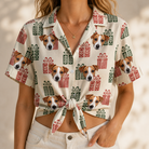 Woman wearing Women's Bowtiful Bundles Custom Dog Face Hawaiian Shirt tied at the waist