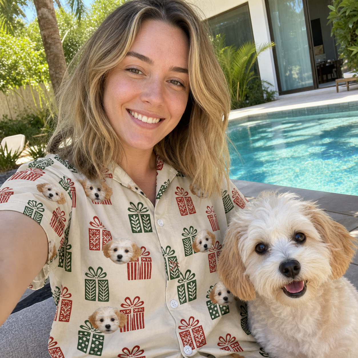 Selfie with the pet whose face is printed all over this Women's Bowtiful Bundles Custom Dog Face Hawaiian Shirt