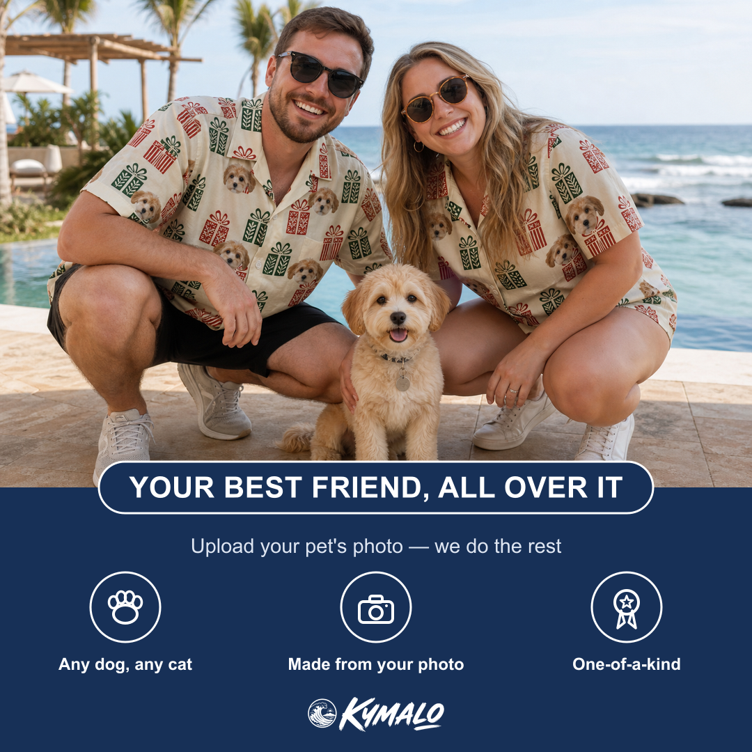 Friends in matching Women's Bowtiful Bundles Custom Dog Face Hawaiian Shirt — a group gift photo