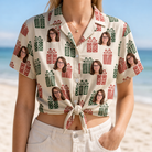 Woman wearing Women's Bowtiful Bundles Custom Face Hawaiian Shirt tied at the waist