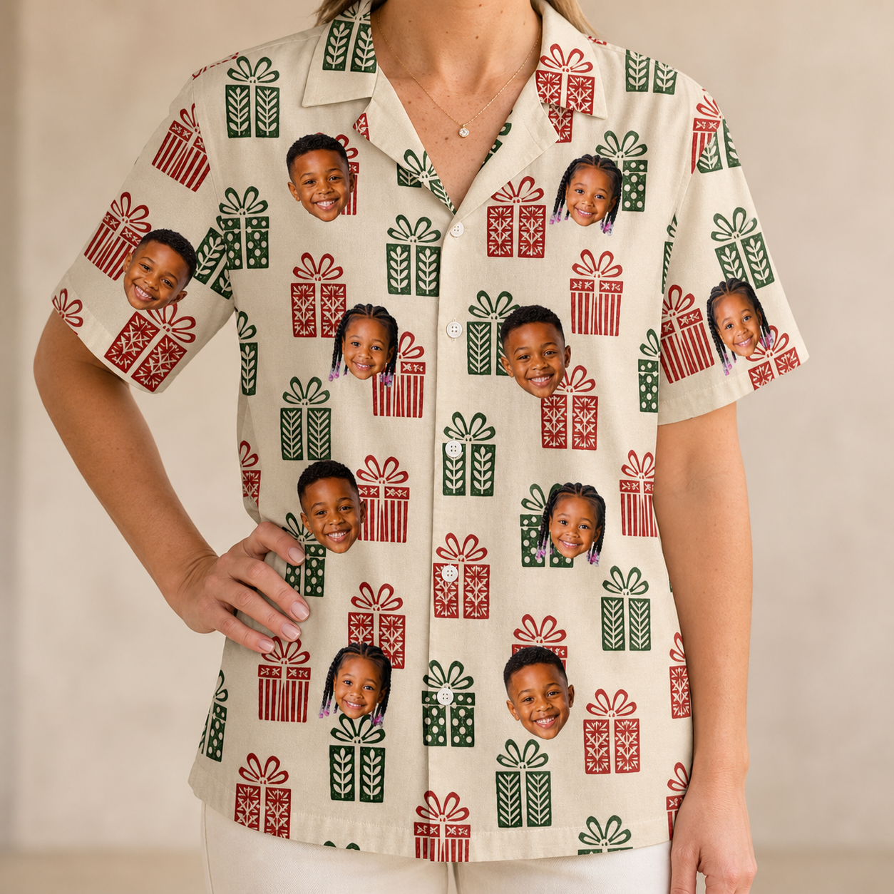 Model wearing Women's Bowtiful Bundles Custom Face Hawaiian Shirt printed with kids' faces