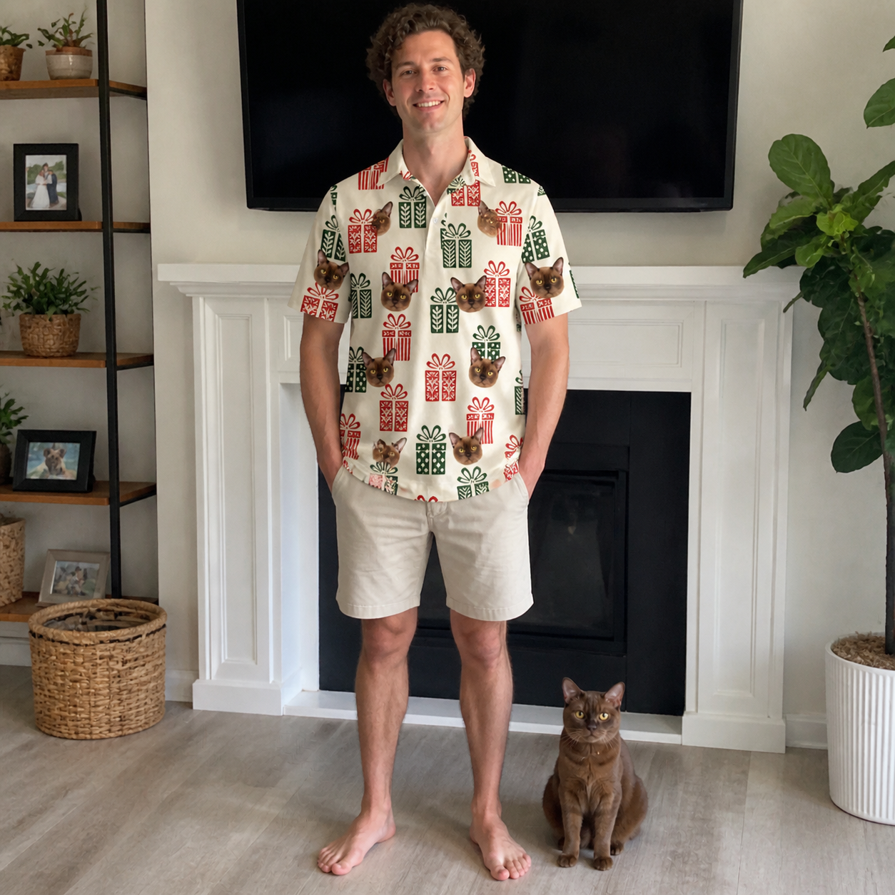 Full-length photo with the pet printed all over this Men's Bowtiful Bundles Custom Cat Face Polo Shirt