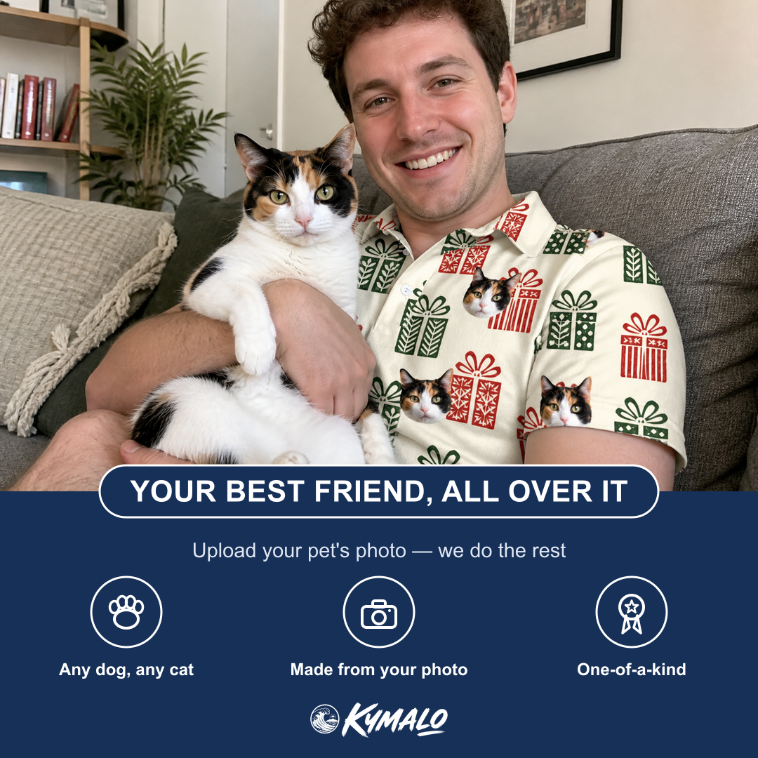 Friends in matching Men's Bowtiful Bundles Custom Cat Face Polo Shirt — a group gift photo