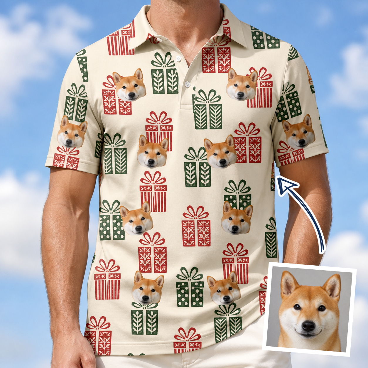 Man wearing Men's Bowtiful Bundles Custom Dog Face Polo Shirt — custom faces printed all-over