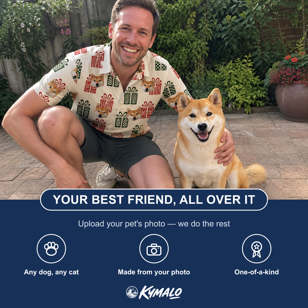 Friends in matching Men's Bowtiful Bundles Custom Dog Face Polo Shirt — a group gift photo