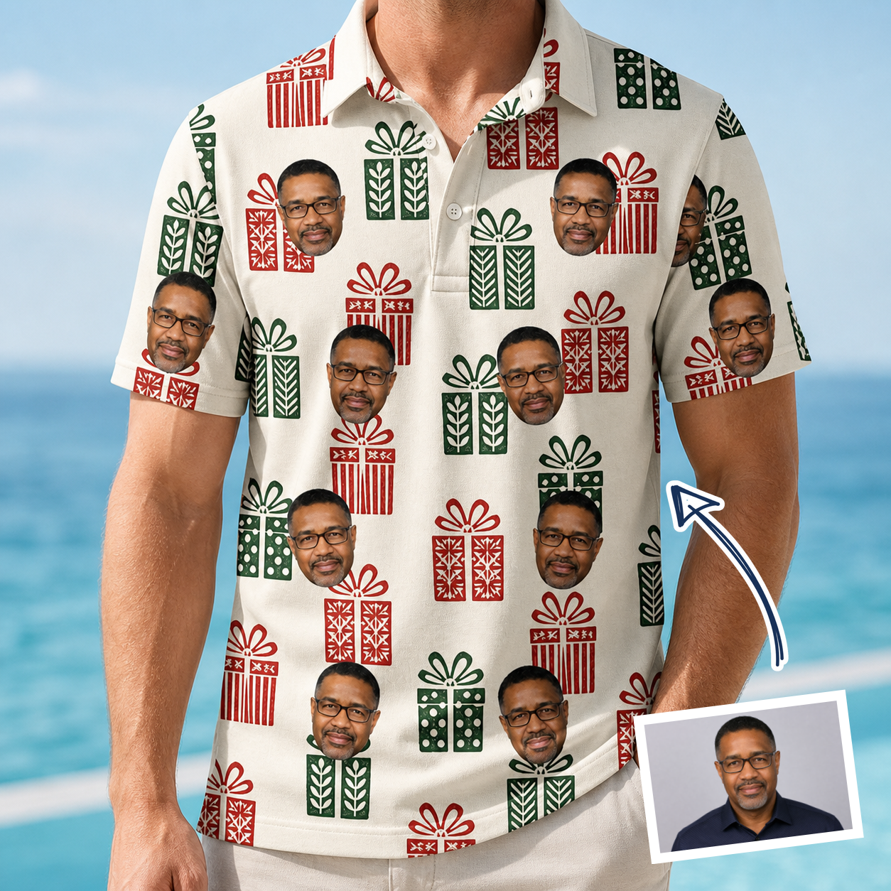 Man wearing Men's Bowtiful Bundles Custom Face Polo Shirt — custom faces printed all-over