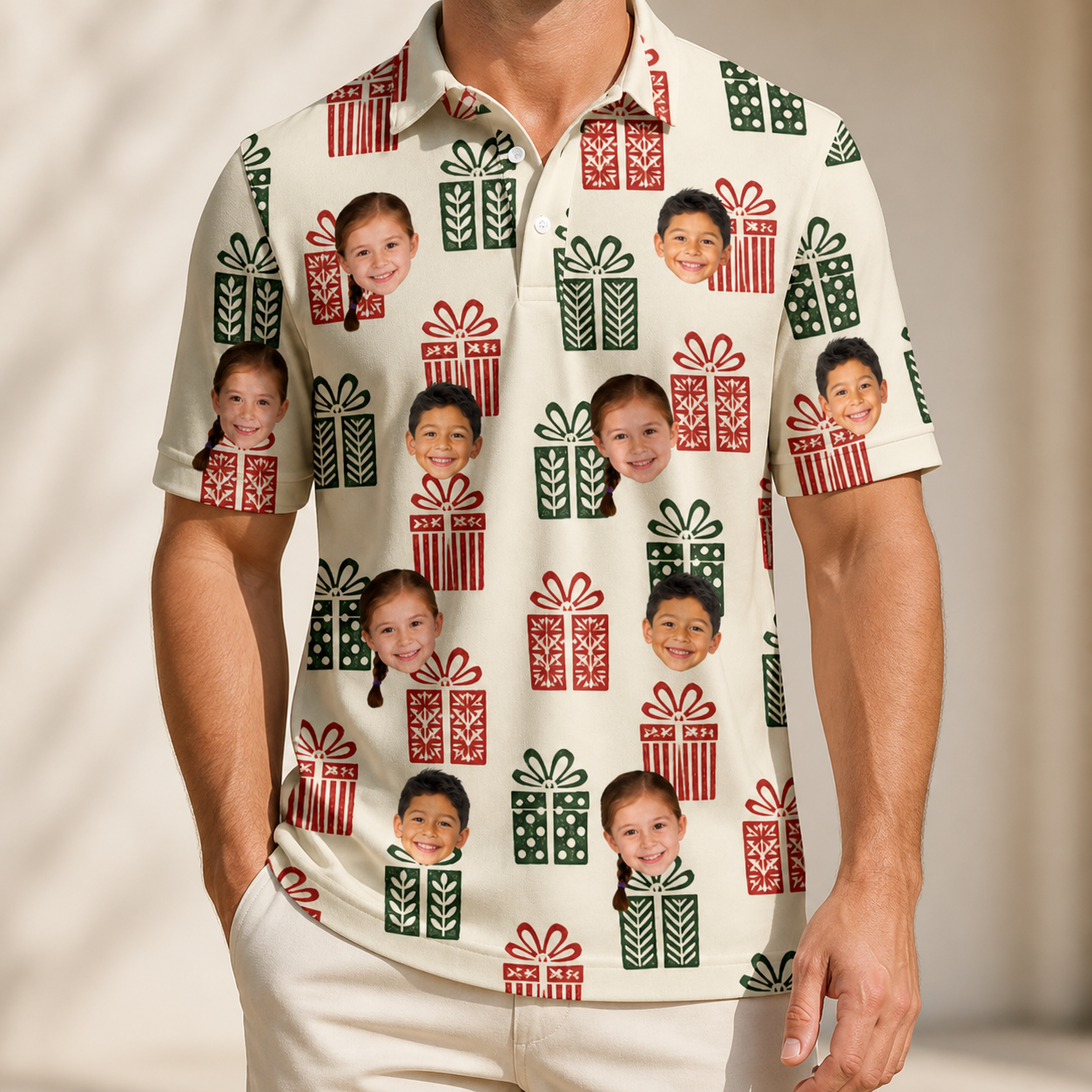 Model wearing Men's Bowtiful Bundles Custom Face Polo Shirt printed with kids' faces