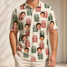 Model wearing Men's Bowtiful Bundles Custom Face Polo Shirt printed with kids' faces