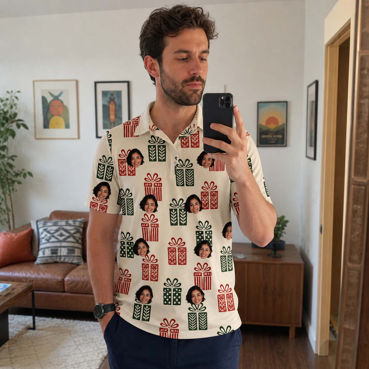 Real-life photo of someone wearing Men's Bowtiful Bundles Custom Face Polo Shirt — custom faces printed all-over
