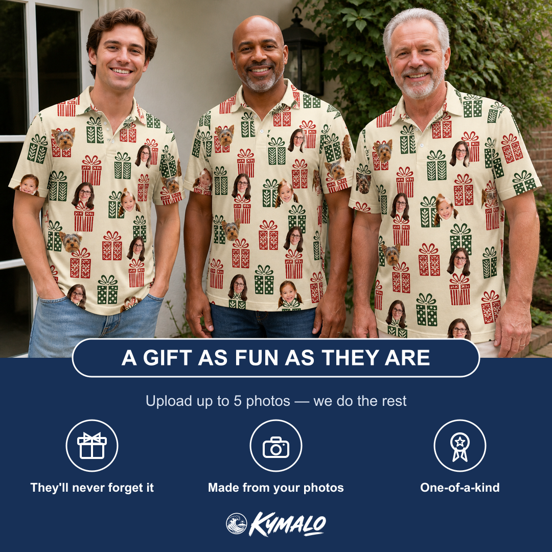 Friends in matching Men's Bowtiful Bundles Custom Face Polo Shirt — a group gift photo