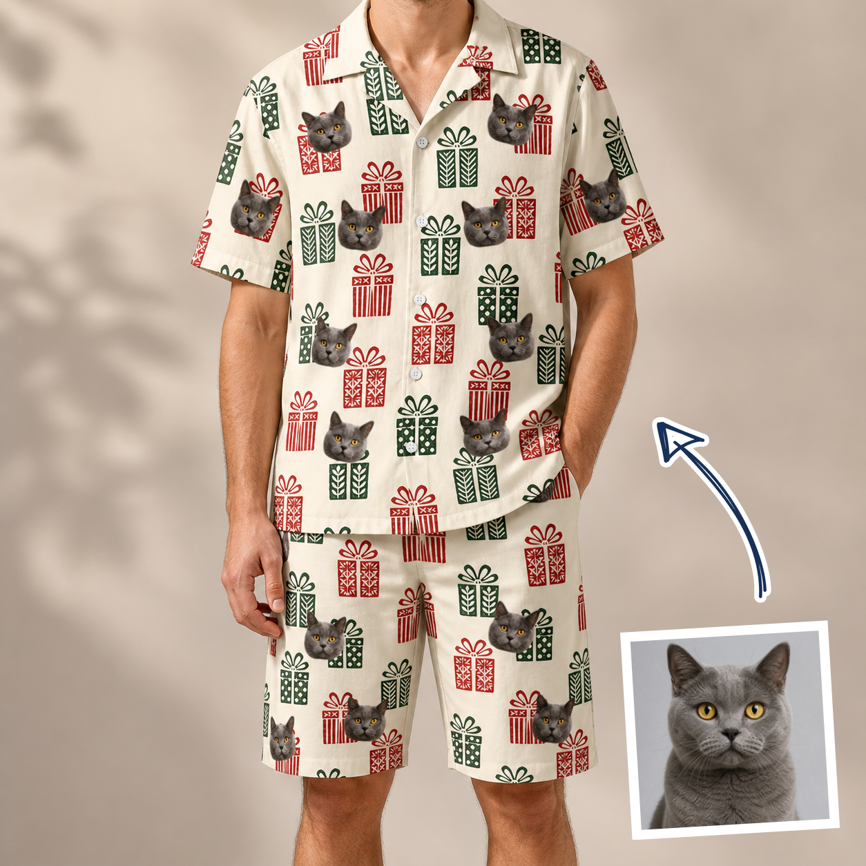 Man wearing Men's Bowtiful Bundles Custom Cat Face Shirt & Shorts Set — custom faces printed all-over