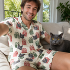 Selfie with the pet whose face is printed all over this Men's Bowtiful Bundles Custom Cat Face Shirt & Shorts Set