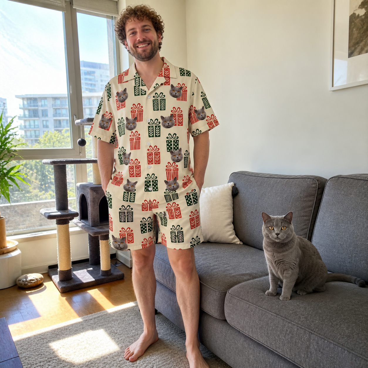 Full-length photo with the pet printed all over this Men's Bowtiful Bundles Custom Cat Face Shirt & Shorts Set