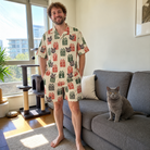 Full-length photo with the pet printed all over this Men's Bowtiful Bundles Custom Cat Face Shirt & Shorts Set