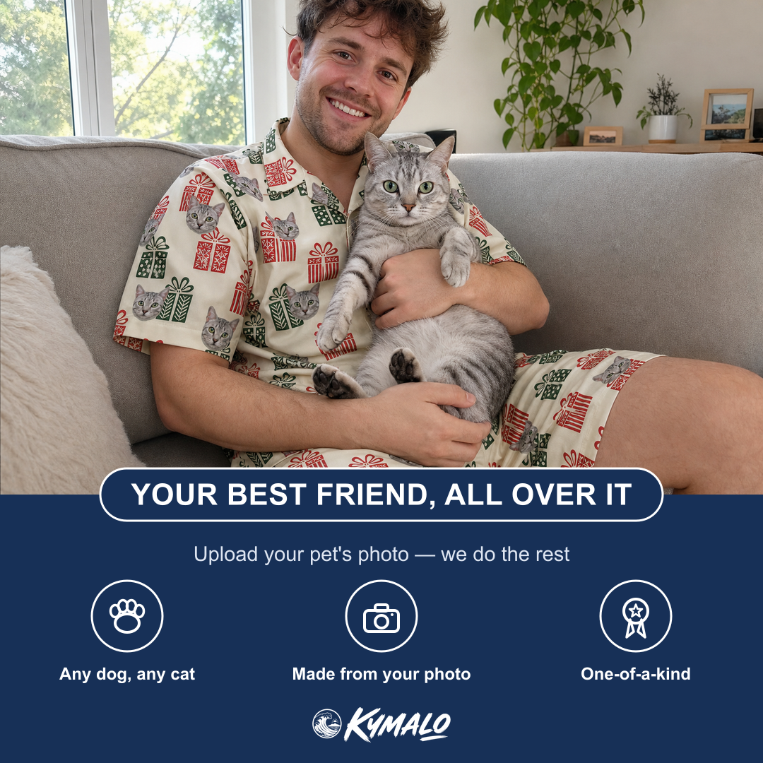 Friends in matching Men's Bowtiful Bundles Custom Cat Face Shirt & Shorts Set — a group gift photo