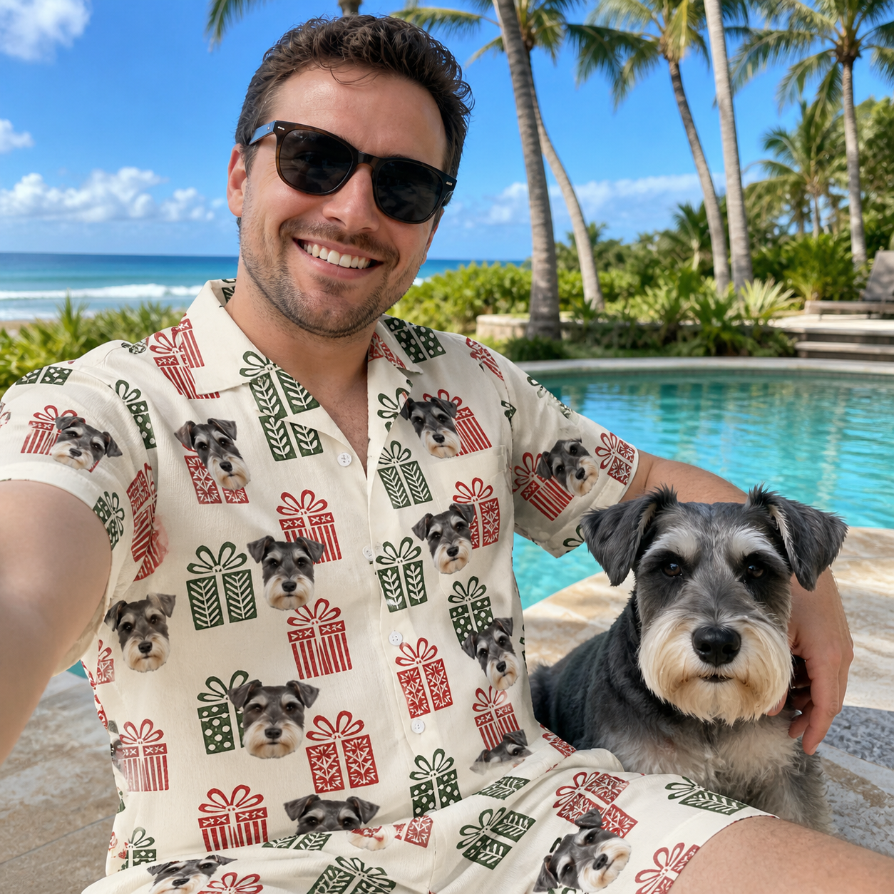 Selfie with the pet whose face is printed all over this Men's Bowtiful Bundles Custom Dog Face Shirt & Shorts Set