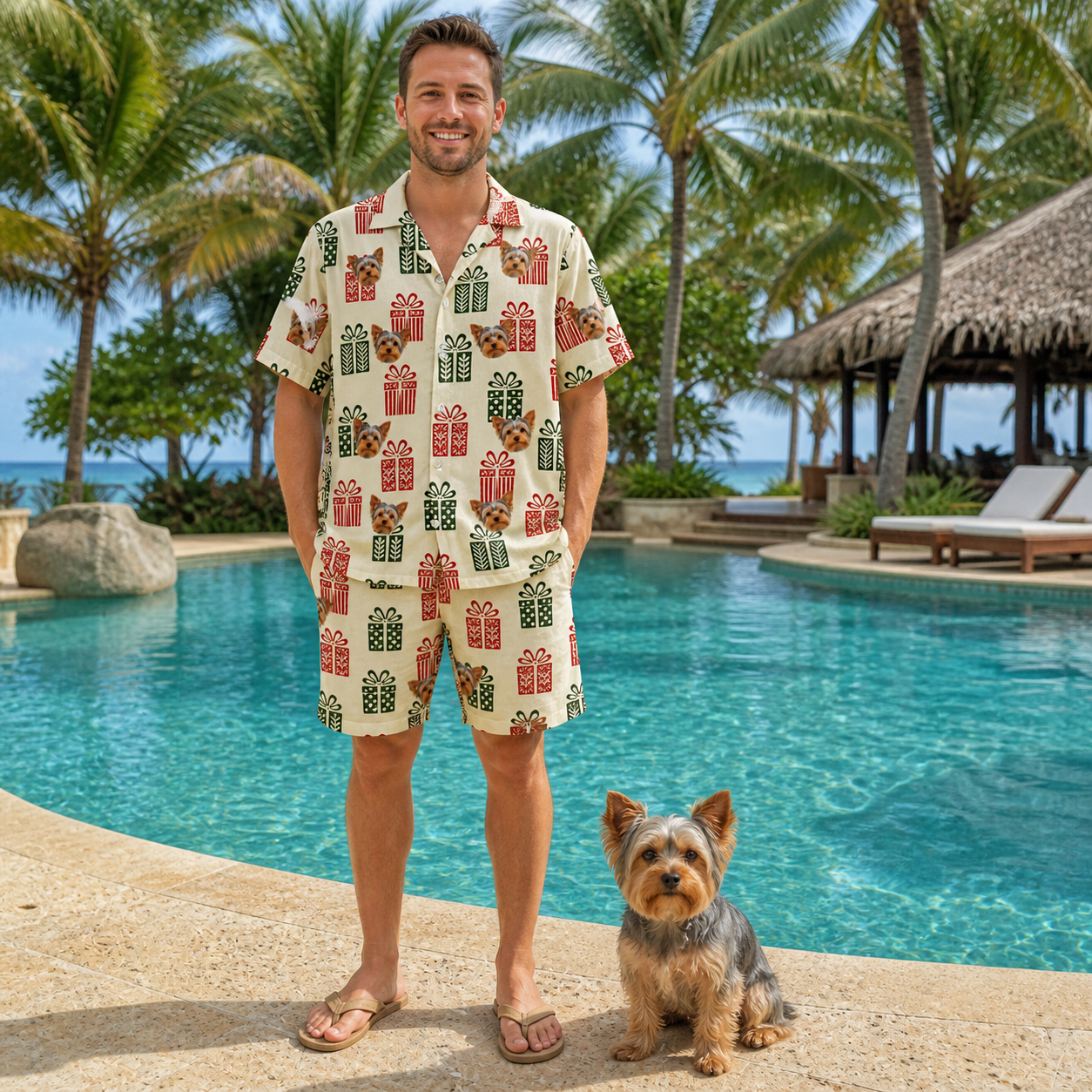 Full-length photo with the pet printed all over this Men's Bowtiful Bundles Custom Dog Face Shirt & Shorts Set