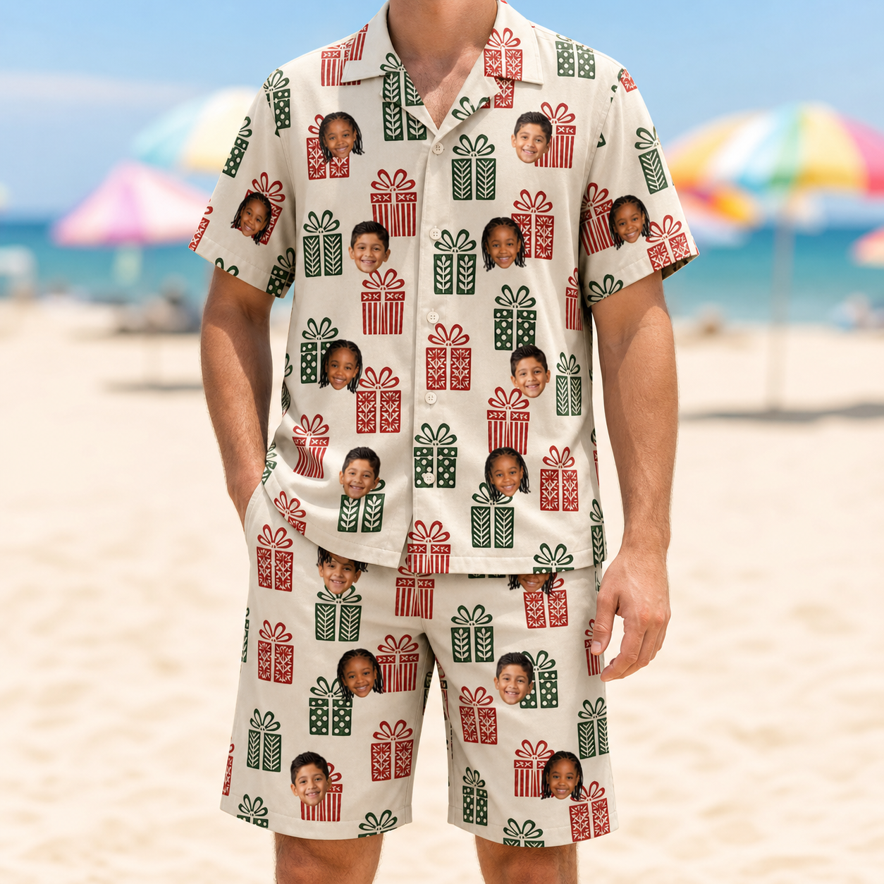 Model wearing Men's Bowtiful Bundles Custom Face Shirt & Shorts Set printed with kids' faces