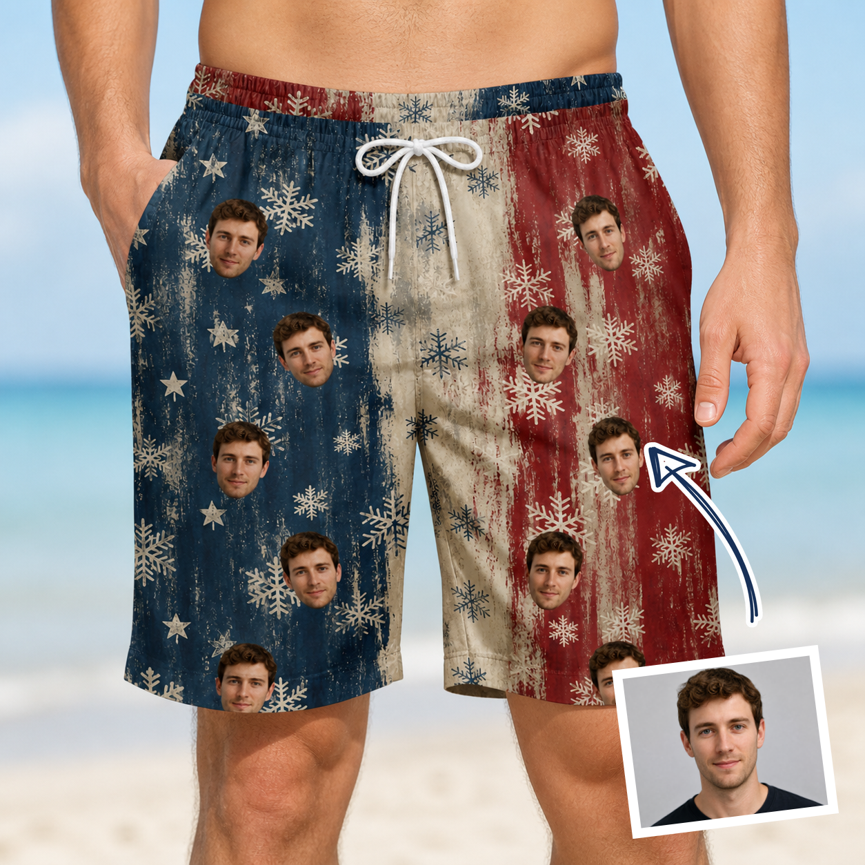 Man wearing Men's Crystal Cascade Custom Face Beach Shorts — custom faces printed all-over
