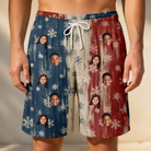 Model wearing Men's Crystal Cascade Custom Face Beach Shorts printed with kids' faces