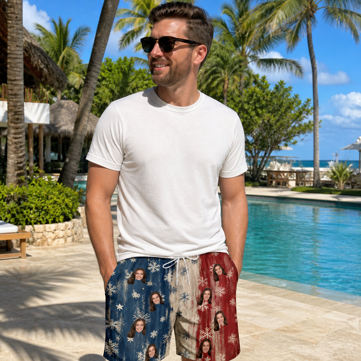 Real-life photo of someone wearing Men's Crystal Cascade Custom Face Beach Shorts — custom faces printed all-over