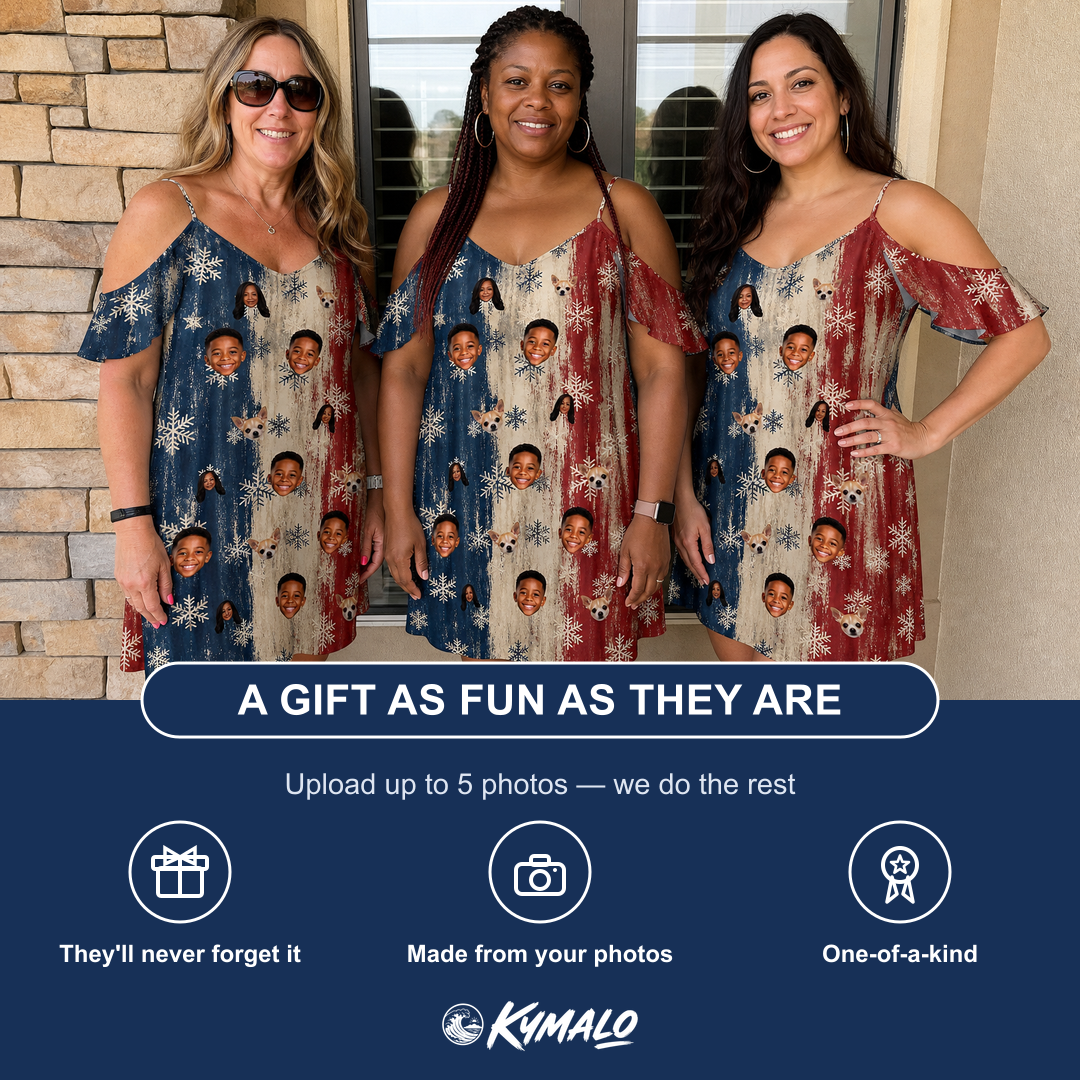 Friends in matching Women's Crystal Cascade Custom Face Off-Shoulder Dress — a group gift photo