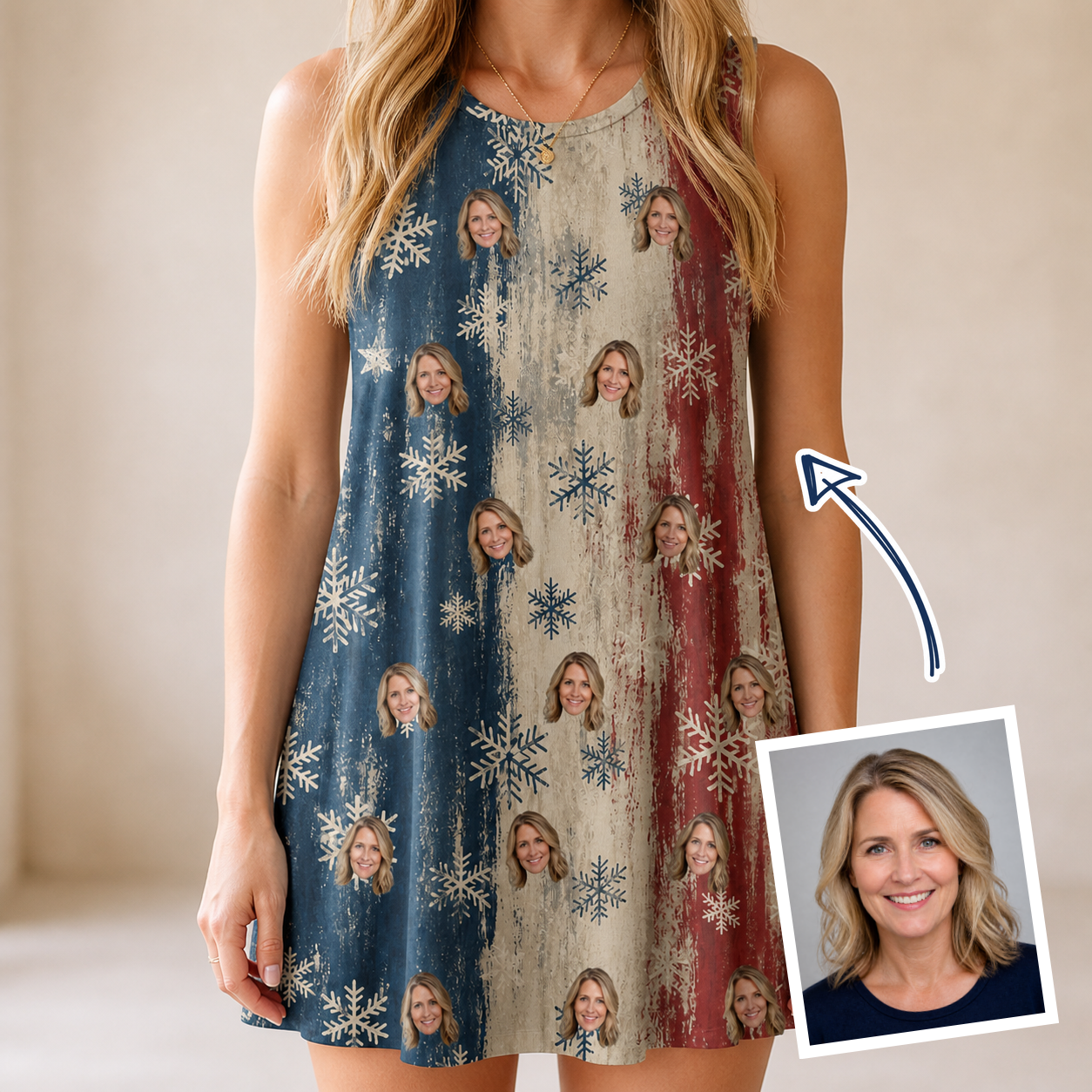 Woman wearing Women's Crystal Cascade Custom Face Tank Dress — custom faces printed all-over