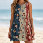 Model wearing Women's Crystal Cascade Custom Face Tank Dress printed with kids' faces