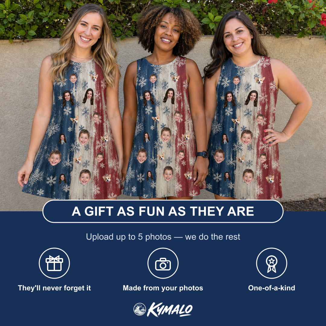 Friends in matching Women's Crystal Cascade Custom Face Tank Dress — a group gift photo