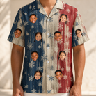 Model wearing Men's Crystal Cascade Custom Face Hawaiian Shirt printed with kids' faces