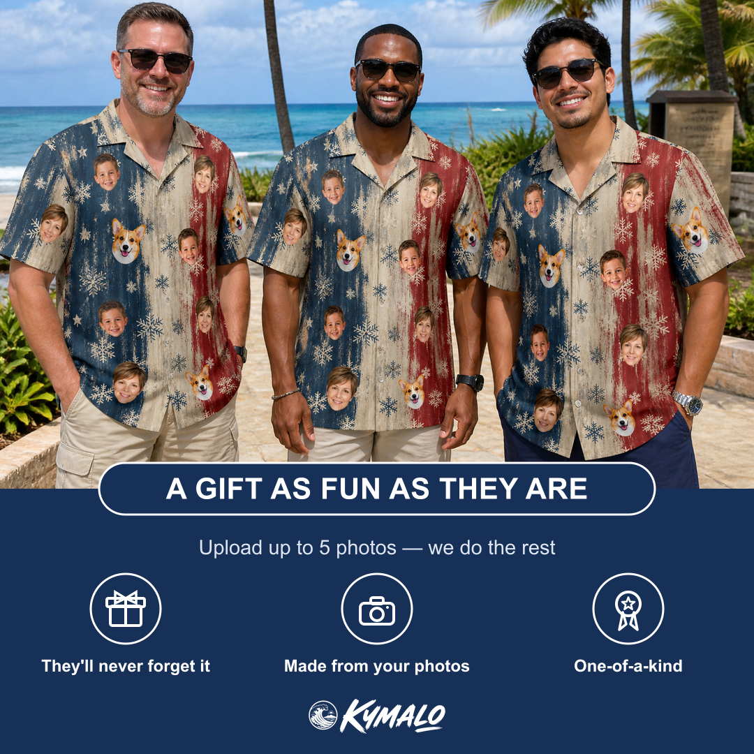 Friends in matching Men's Crystal Cascade Custom Face Hawaiian Shirt — a group gift photo
