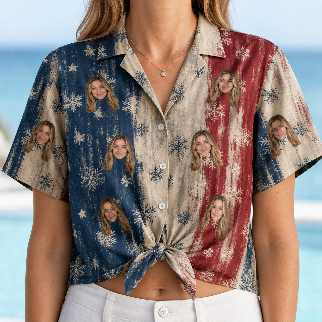 Woman wearing Women's Crystal Cascade Custom Face Hawaiian Shirt tied at the waist