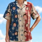 Model wearing Women's Crystal Cascade Custom Face Hawaiian Shirt printed with kids' faces