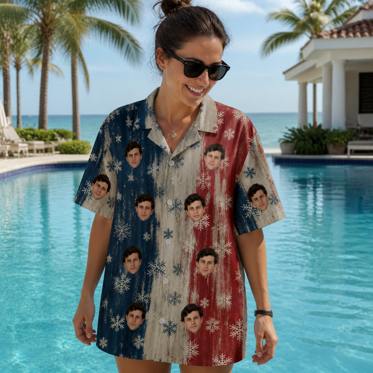 Real-life photo of someone wearing Women's Crystal Cascade Custom Face Hawaiian Shirt — custom faces printed all-over