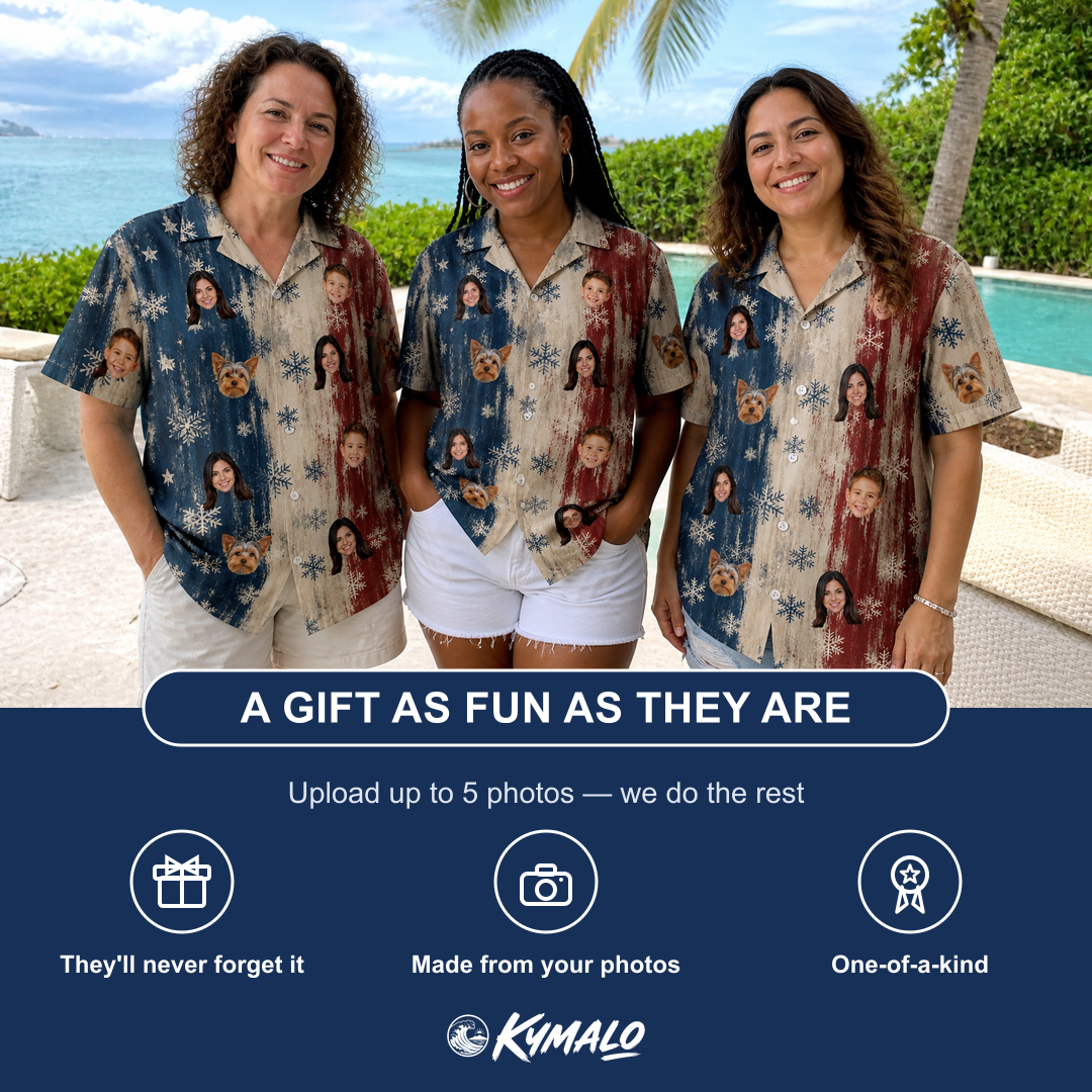 Friends in matching Women's Crystal Cascade Custom Face Hawaiian Shirt — a group gift photo