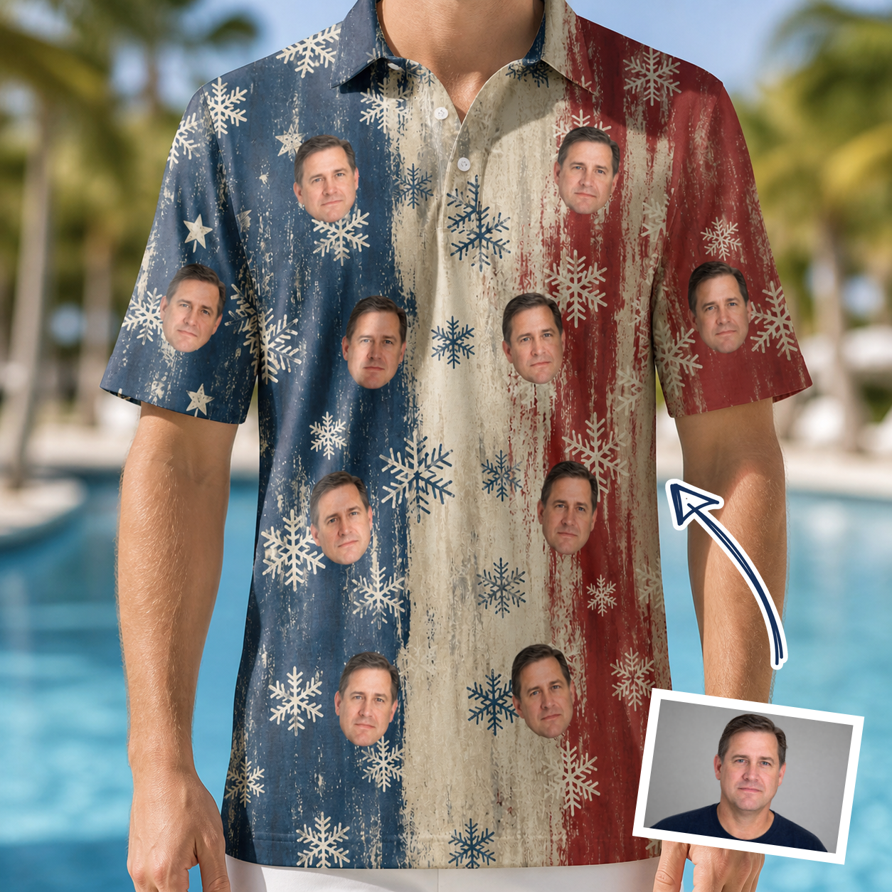 Man wearing Men's Crystal Cascade Custom Face Polo Shirt — custom faces printed all-over