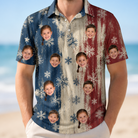 Model wearing Men's Crystal Cascade Custom Face Polo Shirt printed with kids' faces