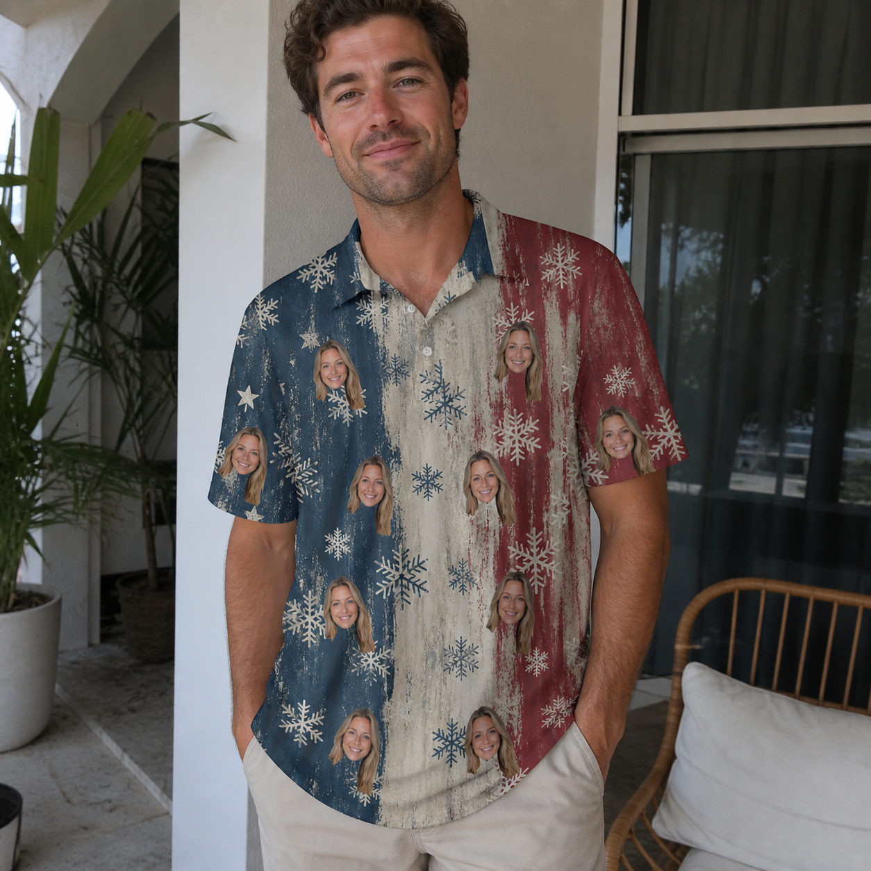 Real-life photo of someone wearing Men's Crystal Cascade Custom Face Polo Shirt — custom faces printed all-over