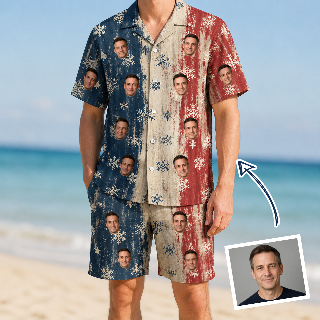 Man wearing Men's Crystal Cascade Custom Face Shirt & Shorts Set — custom faces printed all-over