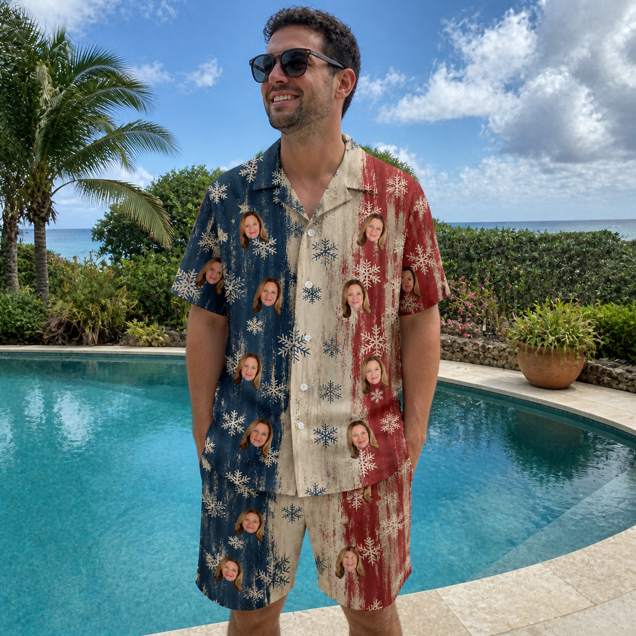 Real-life photo of someone wearing Men's Crystal Cascade Custom Face Shirt & Shorts Set — custom faces printed all-over