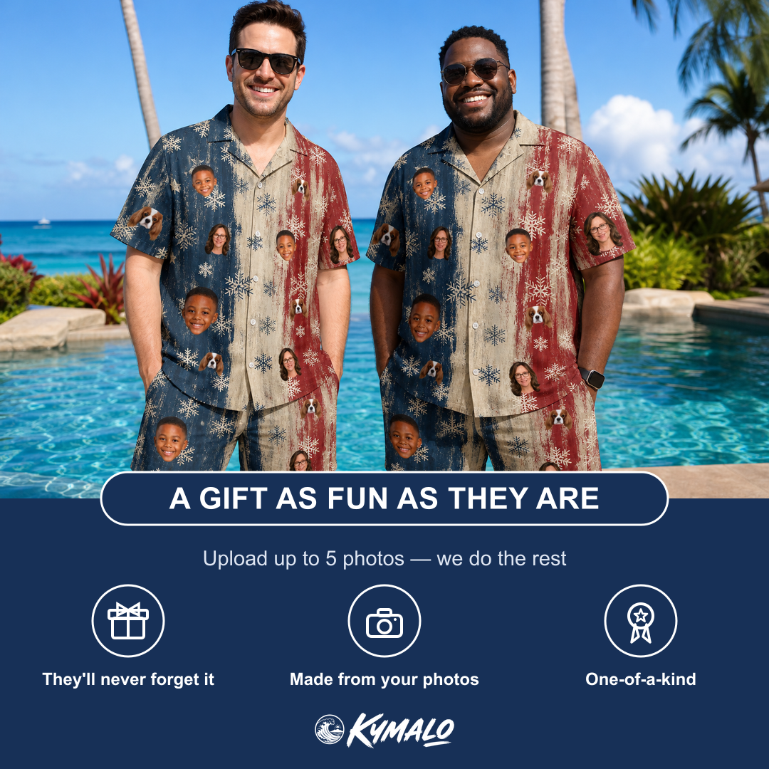 Friends in matching Men's Crystal Cascade Custom Face Shirt & Shorts Set — a group gift photo