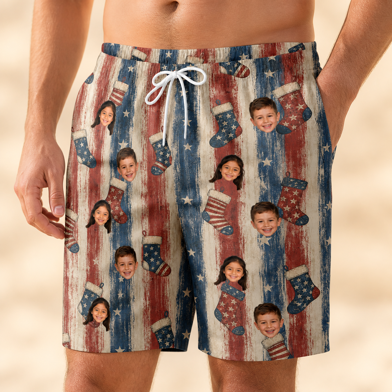 Model wearing Men's Christmas Cuffs Custom Face Beach Shorts printed with kids' faces
