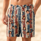 Model wearing Men's Christmas Cuffs Custom Face Beach Shorts printed with kids' faces