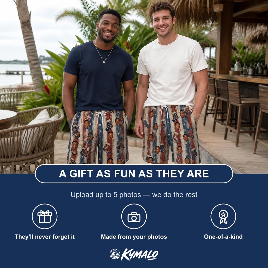 Friends in matching Men's Christmas Cuffs Custom Face Beach Shorts — a group gift photo