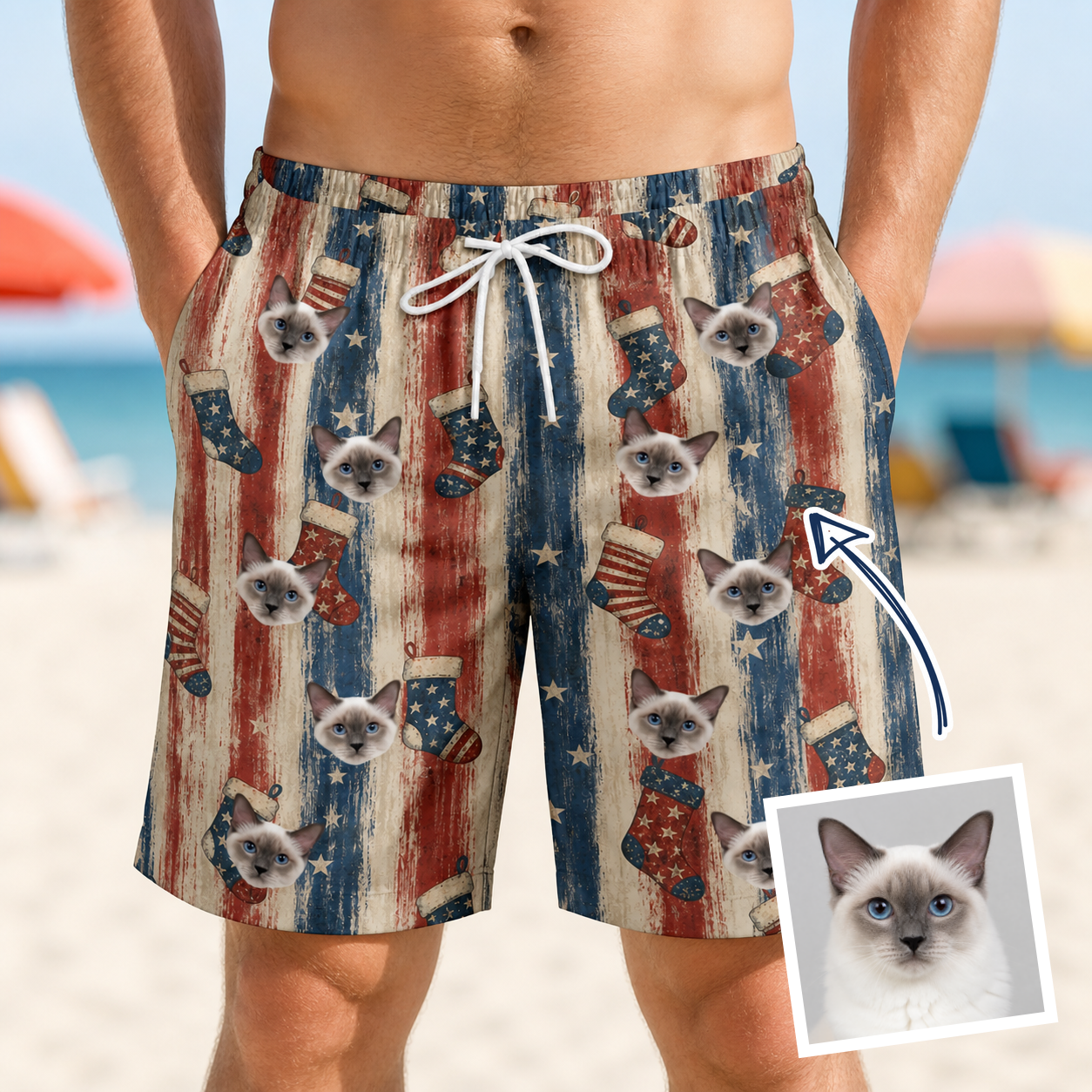 Man wearing Men's Christmas Cuffs Custom Cat Face Beach Shorts — custom faces printed all-over