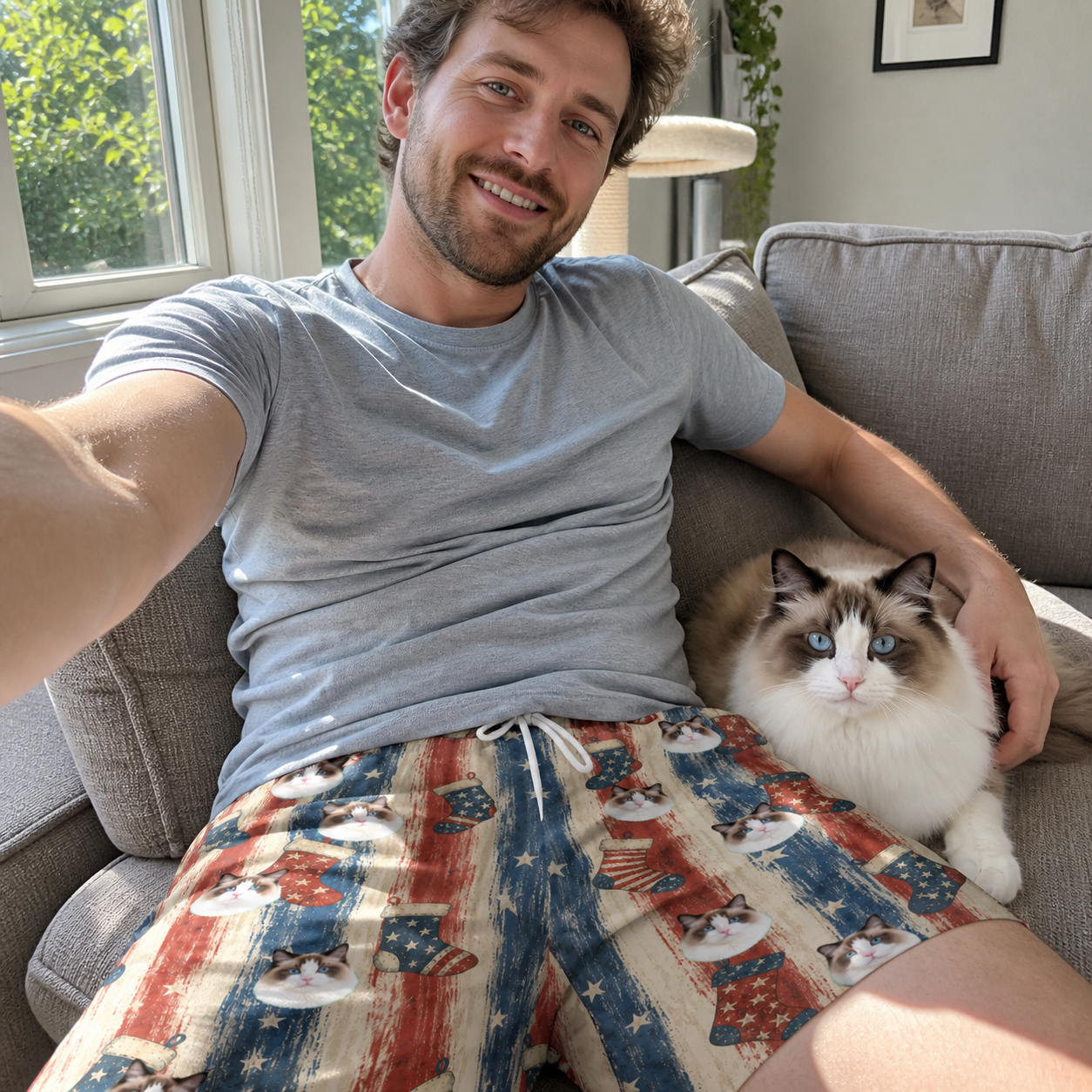 Selfie with the pet whose face is printed all over this Men's Christmas Cuffs Custom Cat Face Beach Shorts