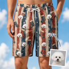 Man wearing Men's Christmas Cuffs Custom Dog Face Beach Shorts — custom faces printed all-over
