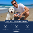 Friends in matching Men's Christmas Cuffs Custom Dog Face Beach Shorts — a group gift photo