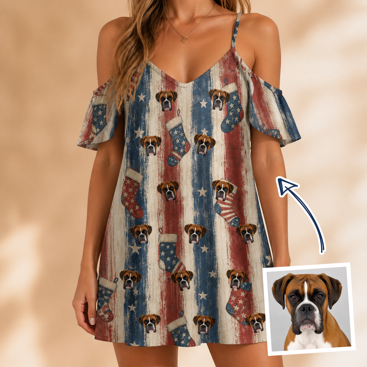 Woman wearing Women's Christmas Cuffs Custom Dog Face Off-Shoulder Dress — custom faces printed all-over